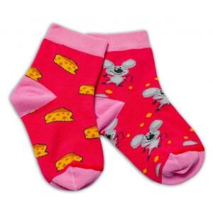 Baby Nellys Bavlněné veselé ponožky Myška a sýr - tmavě růžová 104-116 (4-6r)