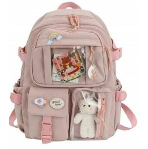 Školní batoh Medvěd pro mláděž s dekorací medvídka - pudrově růžová