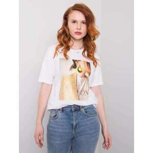 Fashionhunters Bílé dámské tričko s potiskem a L aplikací