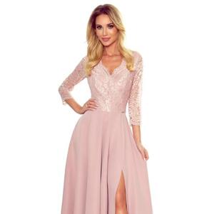 Numoco Elegantní dlouhé šaty s krajkovým výstřihem AMBER - pudrově růžové Velikost: M, Růžová