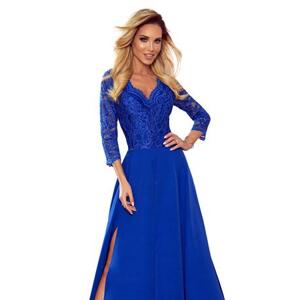 Numoco Elegantní dlouhé šaty s krajkovým výstřihem AMBER - modré Velikost: M, Modrá
