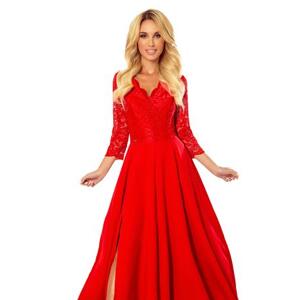 Numoco Elegantní dlouhé šaty s krajkovým výstřihem AMBER - červené Velikost: XL, Červená