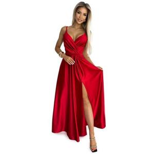 Numoco Elegantní dlouhé saténové šaty s výstřihem JULIET - červené Velikost: M, Červená