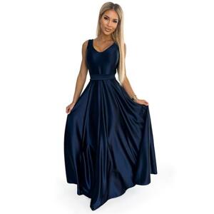 Numoco Dlouhé saténové šaty s výstřihem a mašlí CINDY - tmavě modré Velikost: XL, Modrá