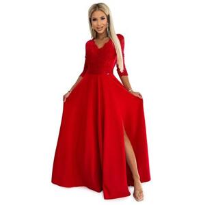 Numoco Elegantní krajkové dlouhé šaty s výstřihem a rozparkem AMBER - červené Velikost: M, Červená
