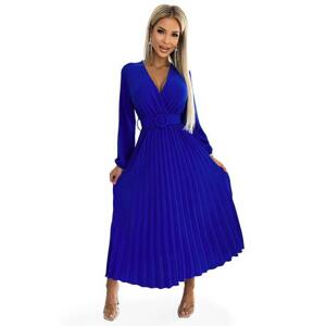 Numoco Plisované midi šaty s výstřihem, dlouhými rukávy a širokým páskem VIVIANA - chrpově modré Velikost: UNI, Modrá, Univerzální