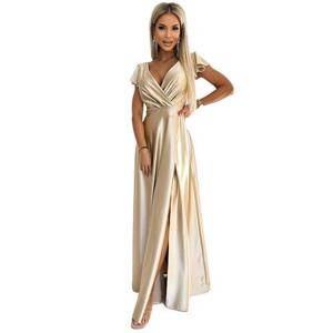 Numoco Dámské saténové dlouhé šaty s výstřihem CRYSTAL - zlaté Velikost: XL, Zlatá