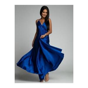 FASARDI Dlouhé saténové šaty s chrpovými rukávy Velikost: UNIV, Modrá